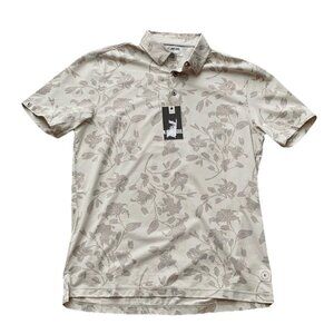Linksoul Polo Shirt Mens Small Beige Gray Astoria Floral Print Stretch Golf NEW